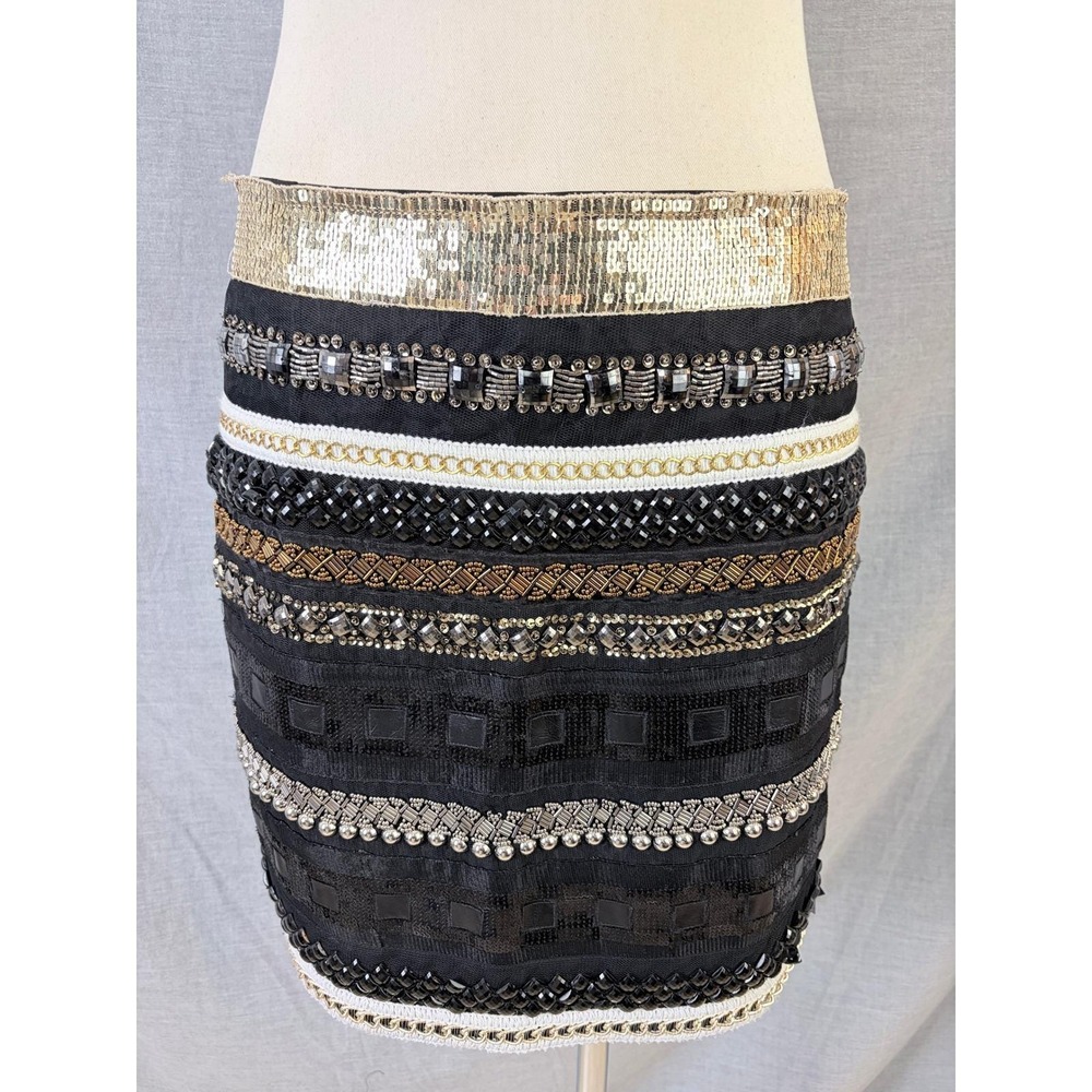 Drôle De Copine Paris Beaded Sequin Mini Skirt Black Gold Silver L
